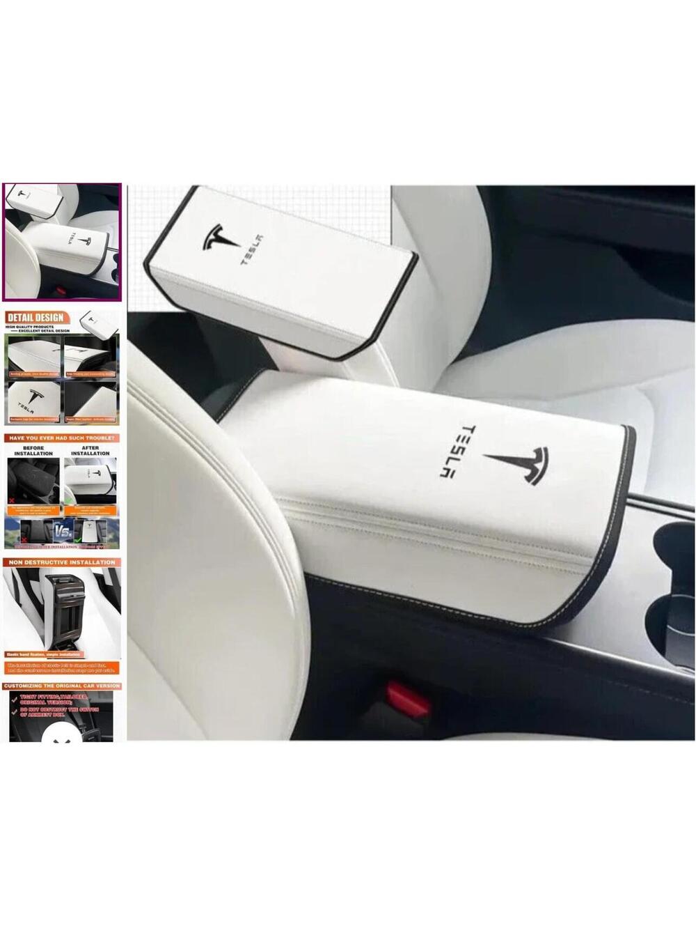 Car Armrest Cover for Tesla Model 3 & Model Y White Waterproof Leather Console